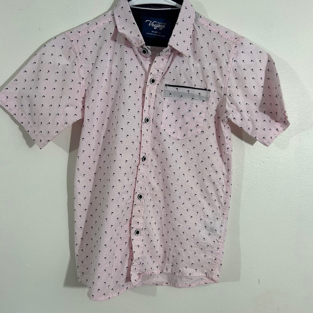 Voyage Boys Button Down Shirt Pink Palm Tree‎ Print Short Sleeve Casual Size 8